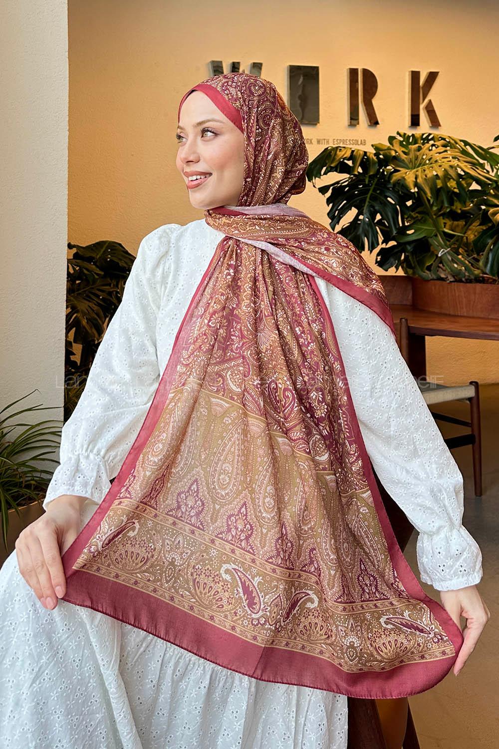 Lamelif Retro Desen Pamuk Şal Bordo