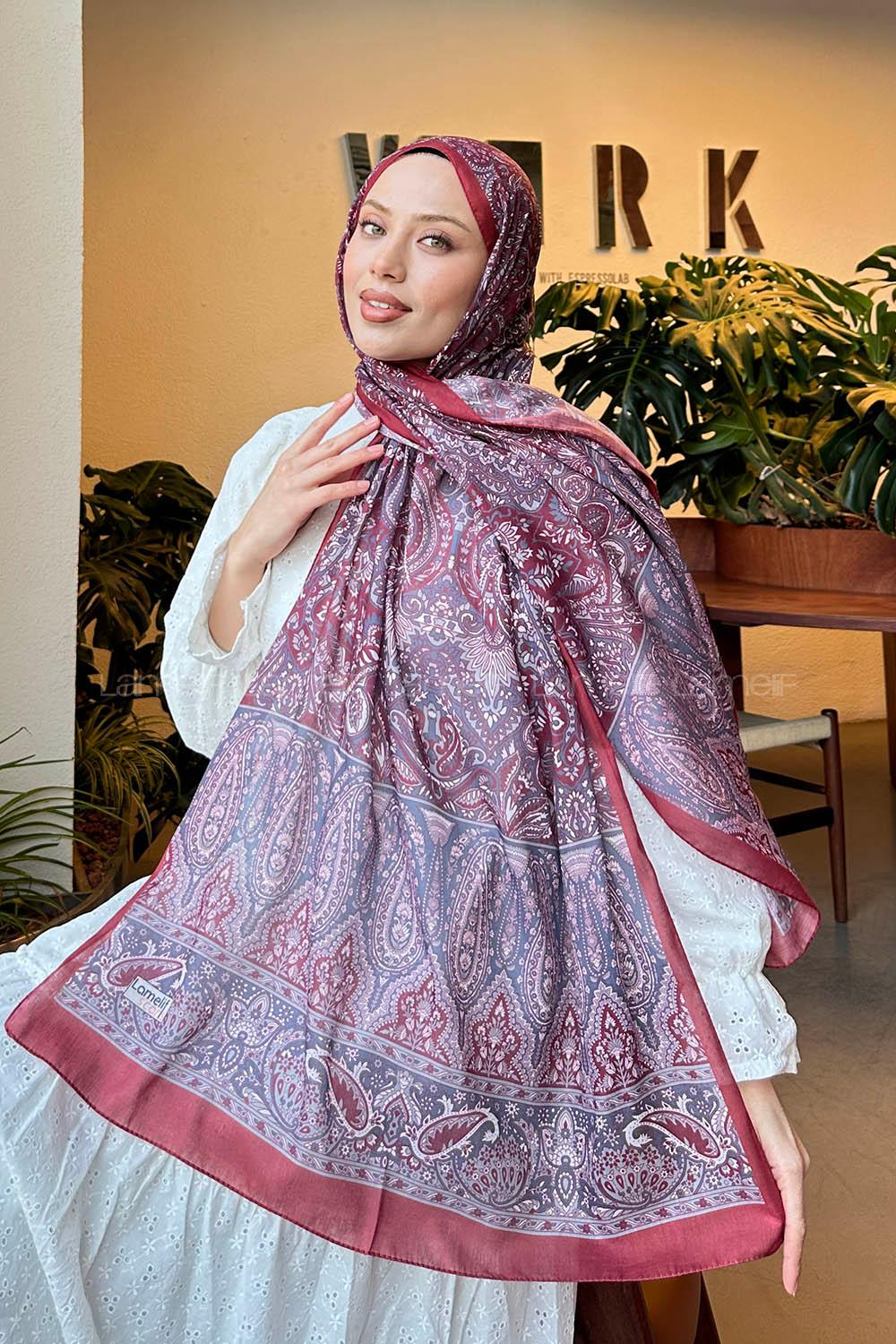 Lamelif Retro Desen Pamuk Şal Bordo