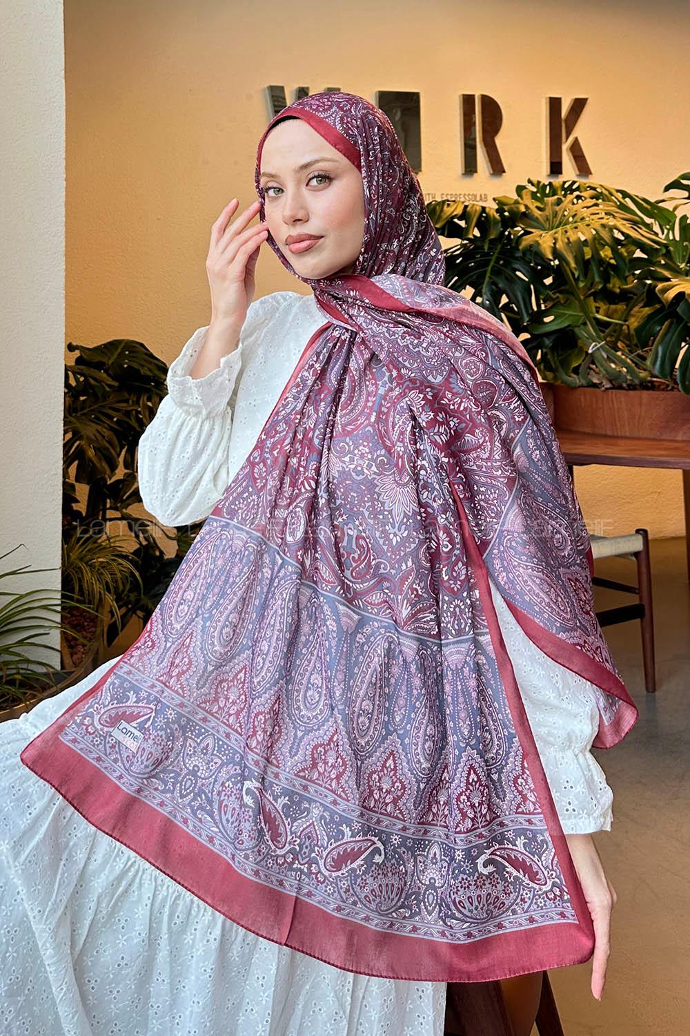 Lamelif Retro Desen Pamuk Şal Bordo