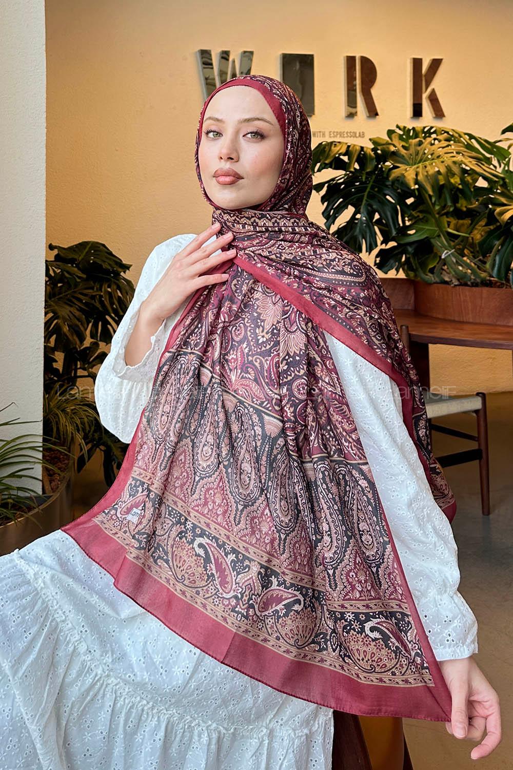 Lamelif Retro Desen Pamuk Şal Bordo