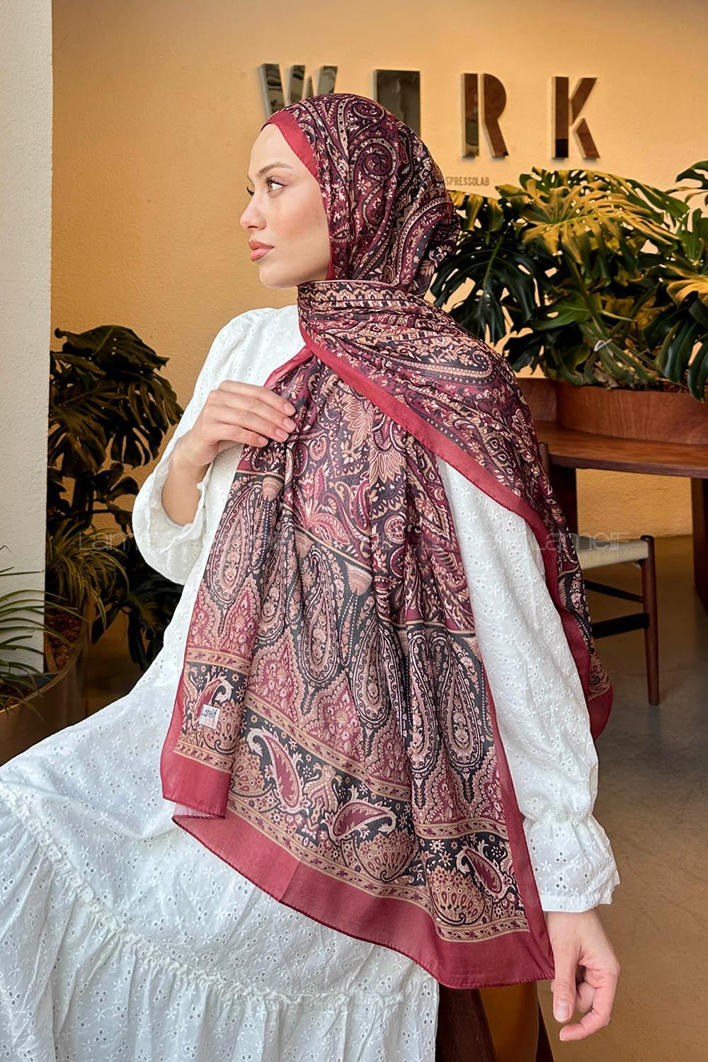 Lamelif Retro Desen Pamuk Şal Bordo