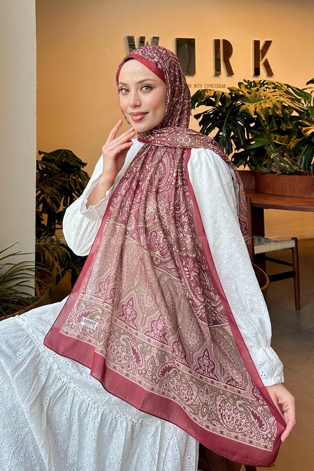 Lamelif Retro Desen Pamuk Şal Bordo