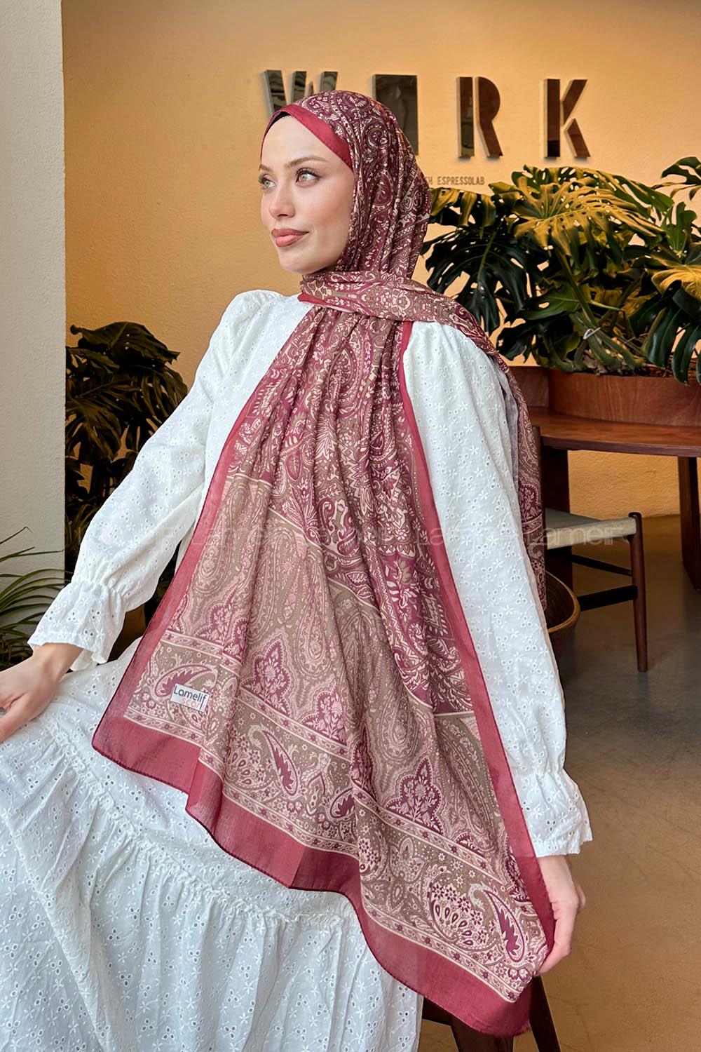 Lamelif Retro Desen Pamuk Şal Bordo