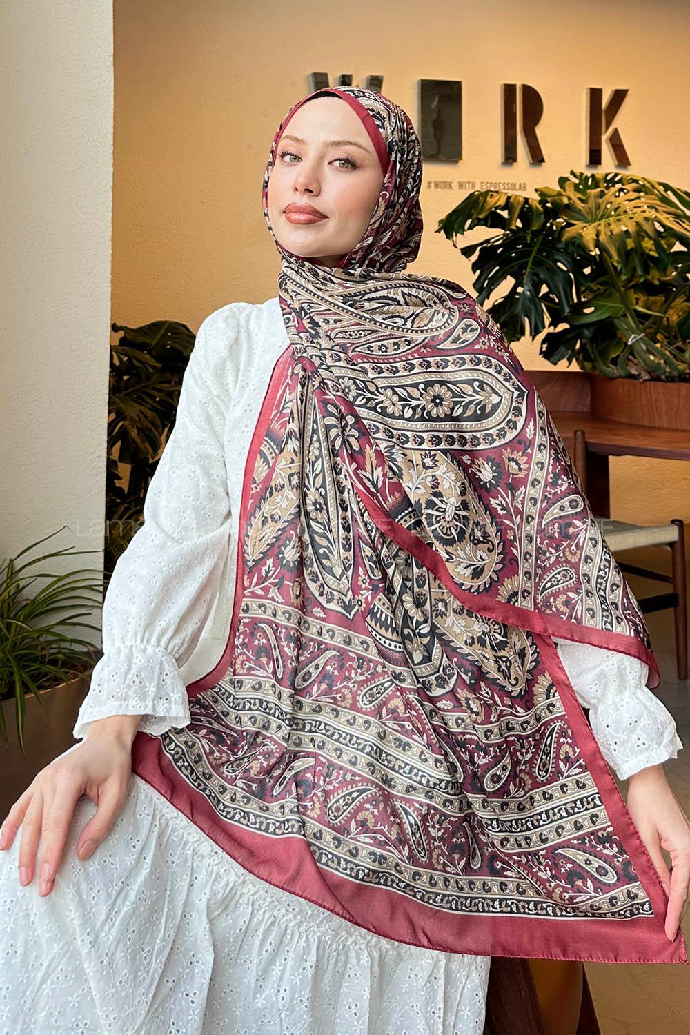 Lamelif Retro Desen Pamuk Şal Bordo