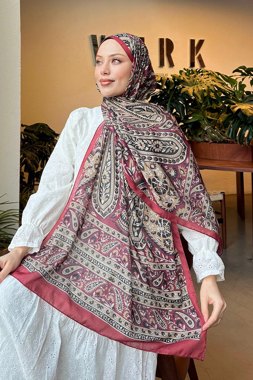 Lamelif Retro Desen Pamuk Şal Bordo