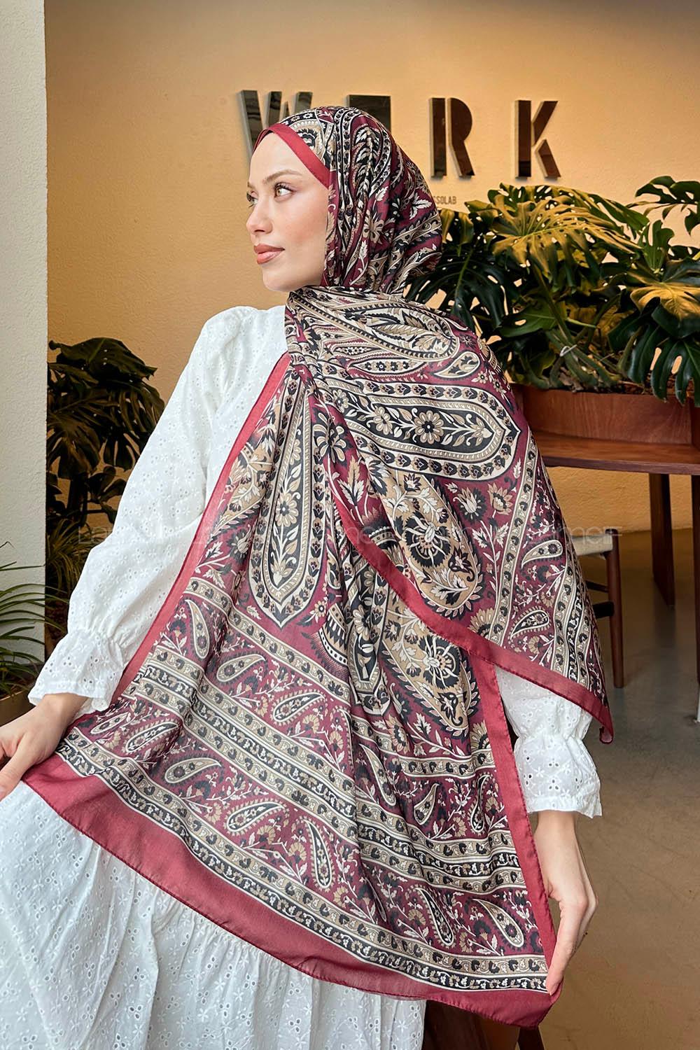 Lamelif Retro Desen Pamuk Şal Bordo