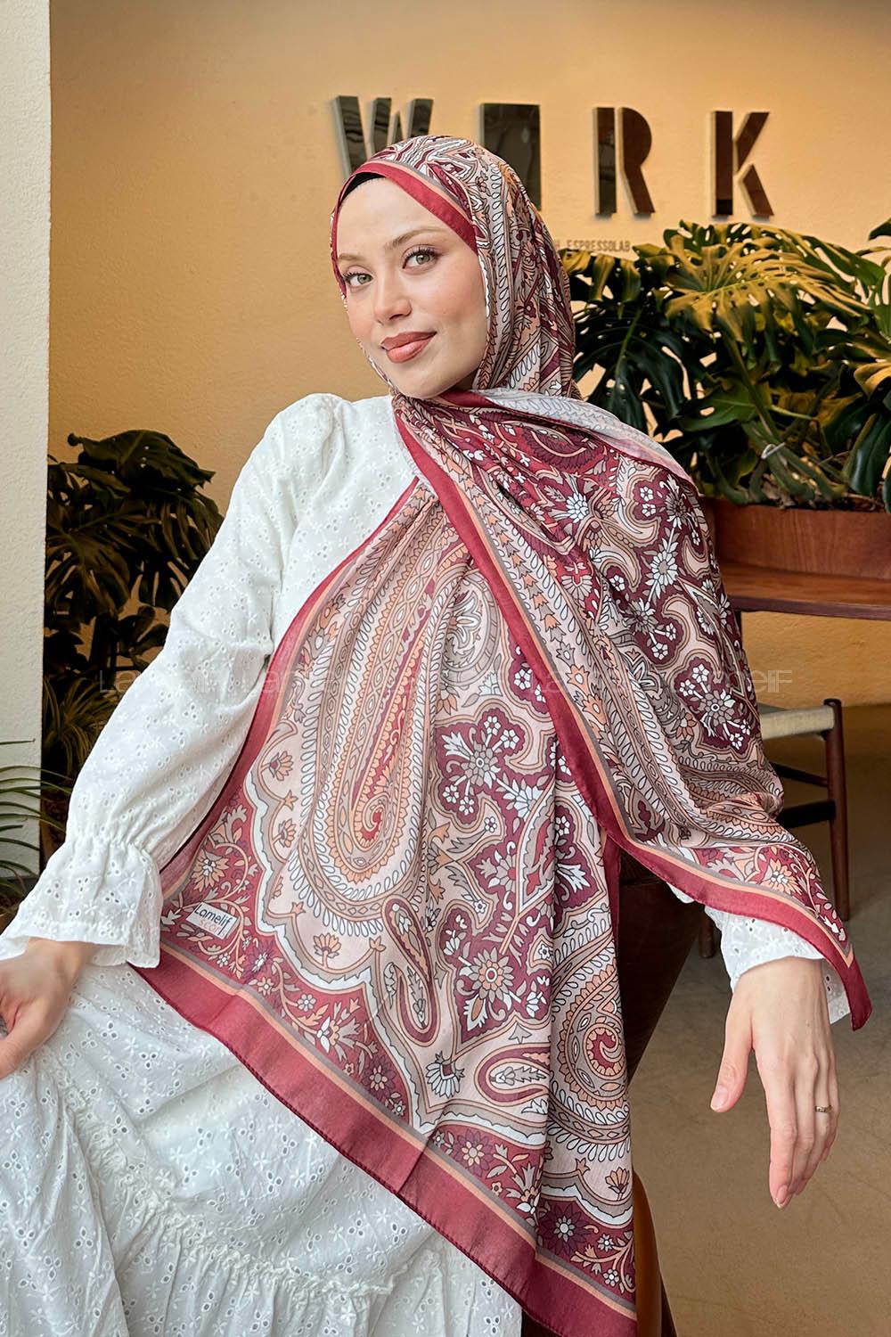 Lamelif Retro Desen Pamuk Şal Bordo