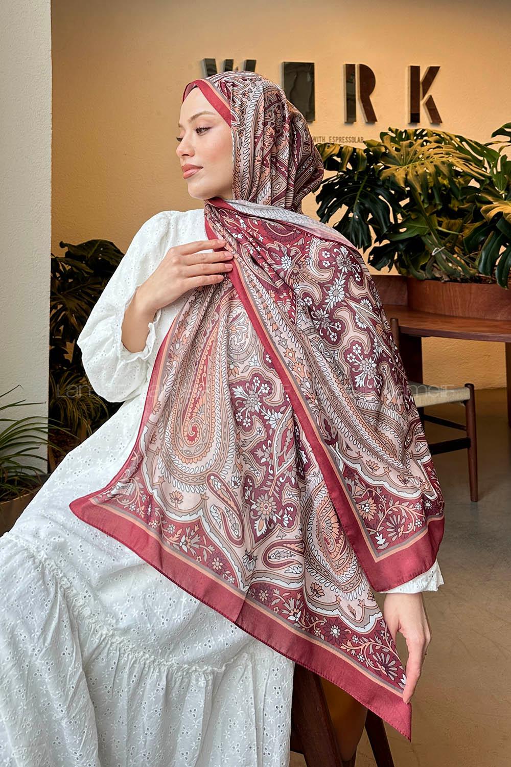 Lamelif Retro Desen Pamuk Şal Bordo