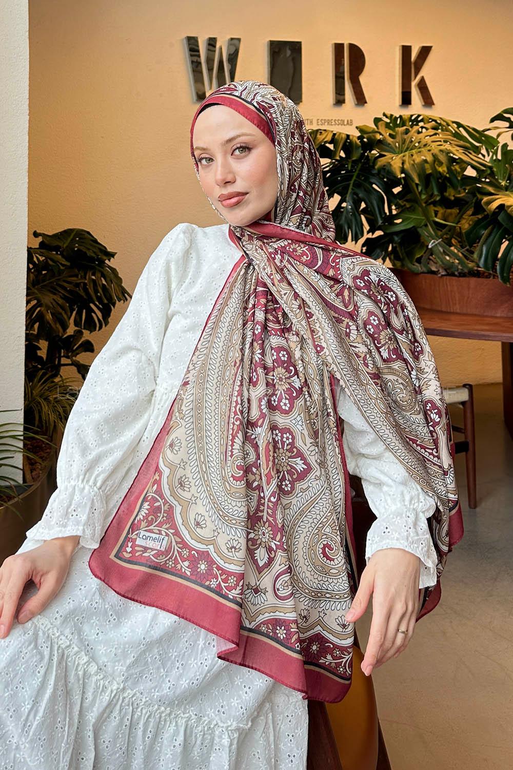 Lamelif Retro Desen Pamuk Şal Bordo