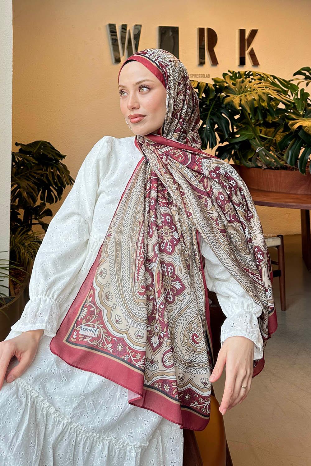 Lamelif Retro Desen Pamuk Şal Bordo