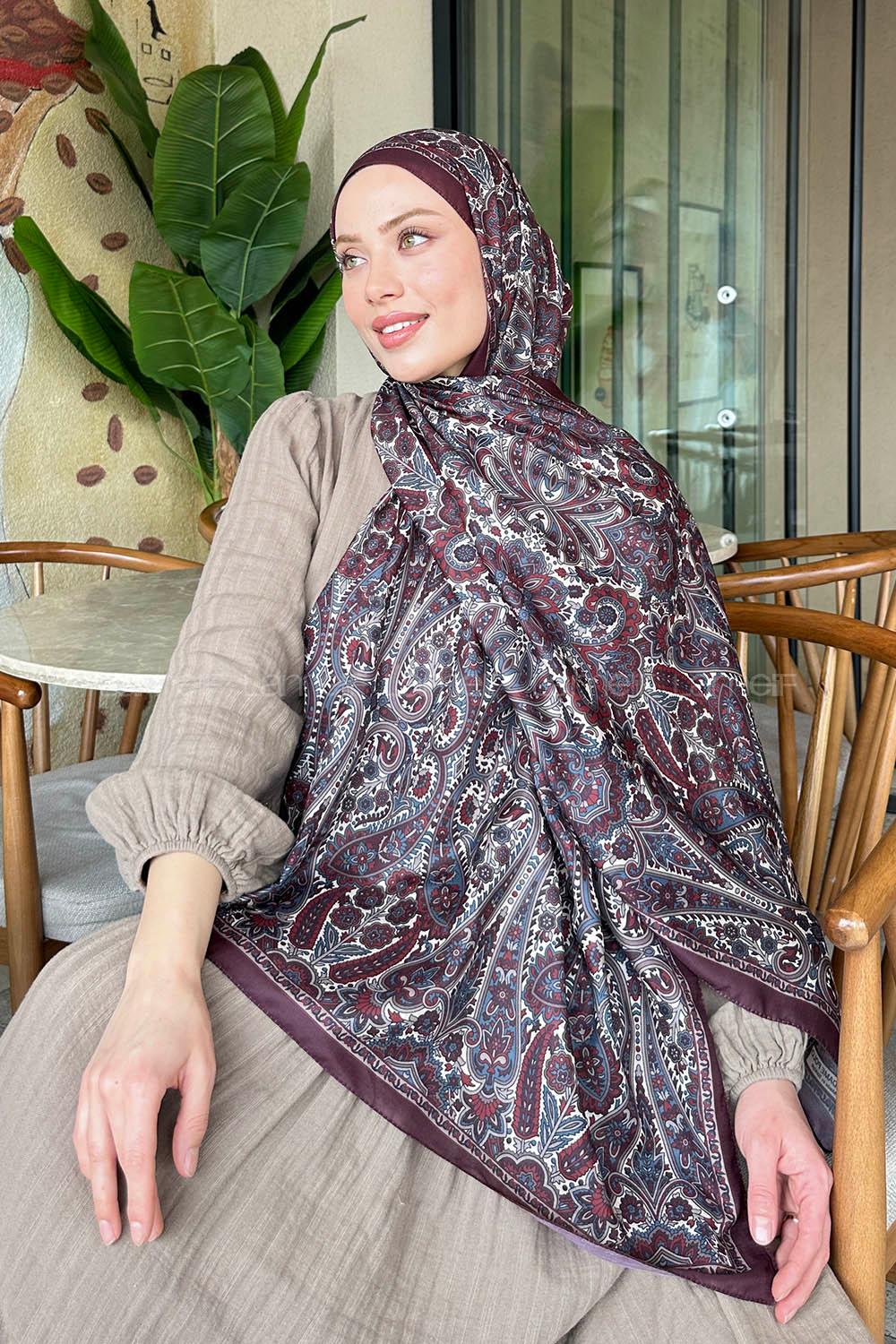 Lamelif Retro Desen Soft Şal Acı Kahve