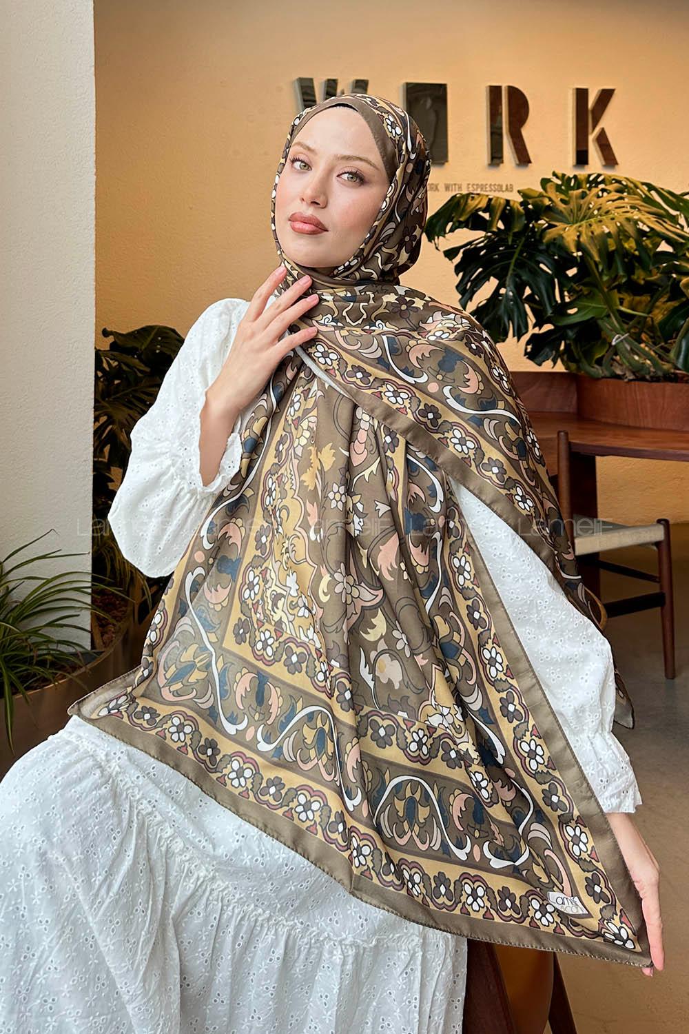 Lamelif Retro Desen Soft Şal Asker Yeşili