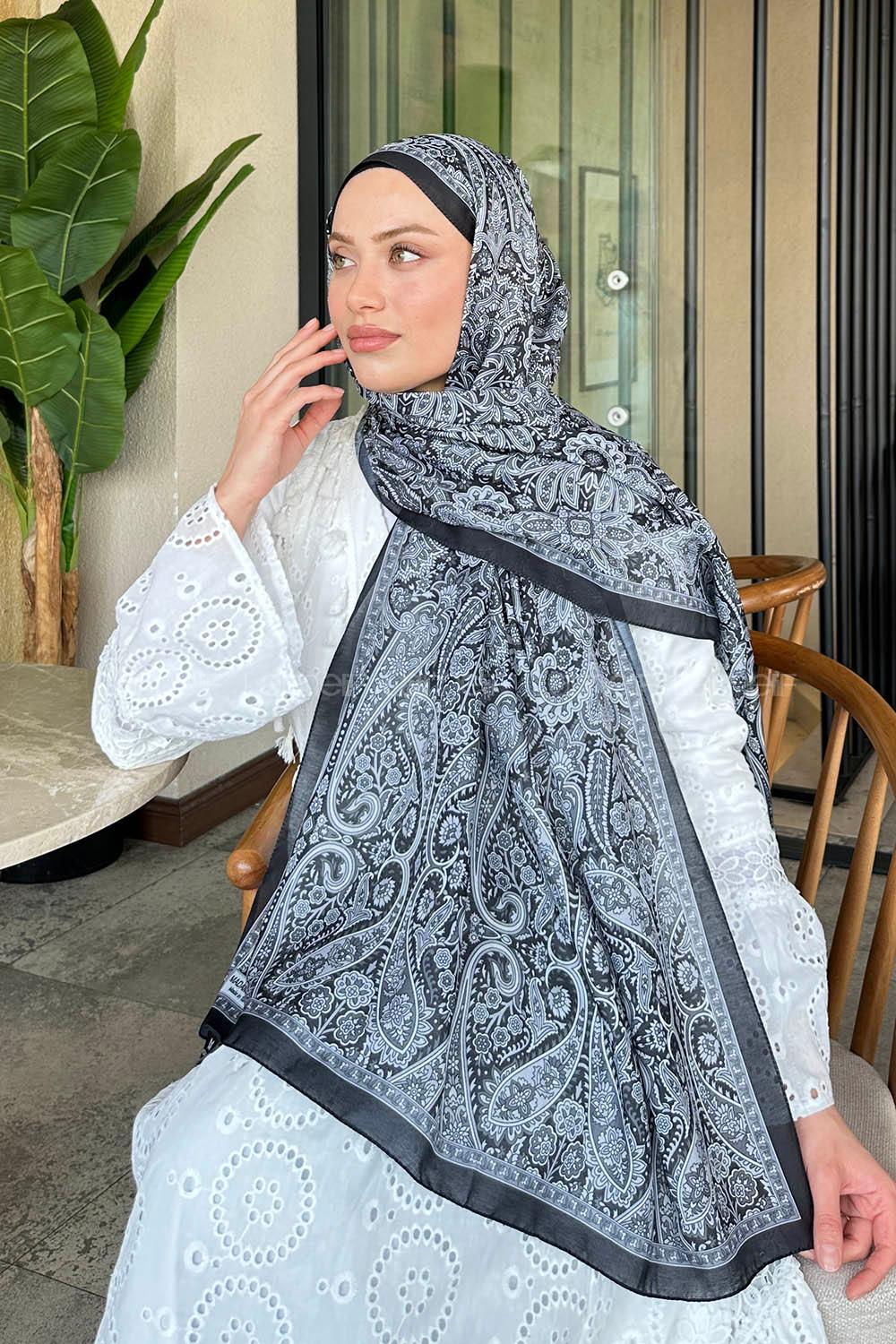 Lamelif Retro Desen Soft Şal Beyaz Siyah