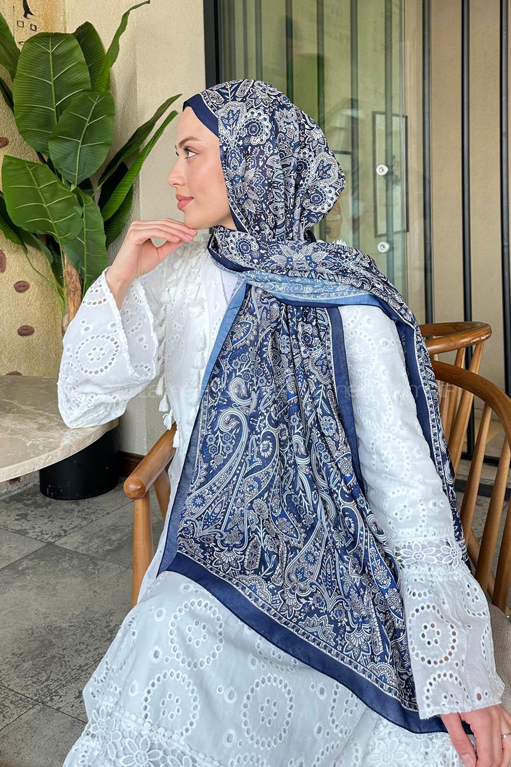 Lamelif Retro Desen Soft Şal Lacivert Bej