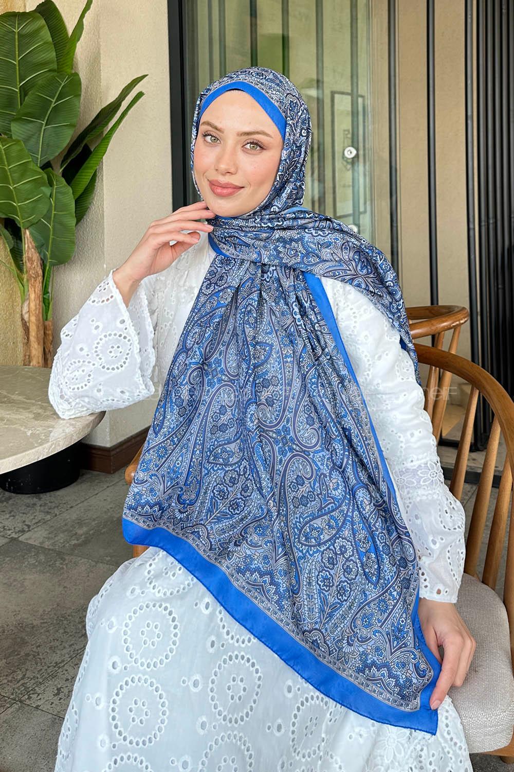 Lamelif Retro Desen Soft Şal Mavi