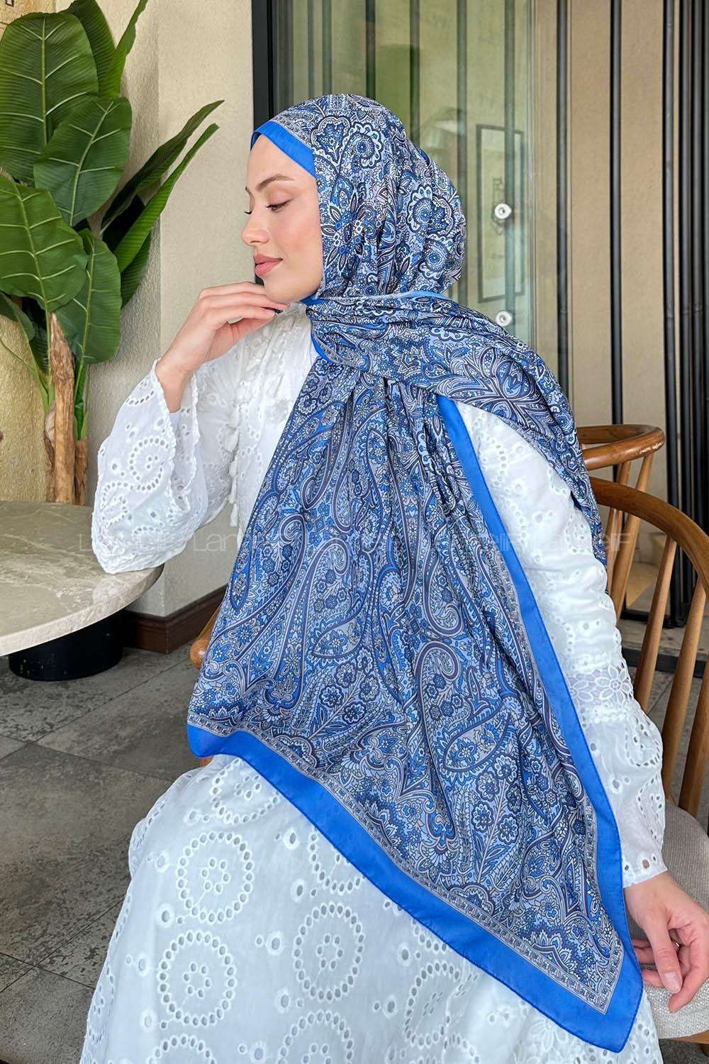 Lamelif Retro Desen Soft Şal Mavi