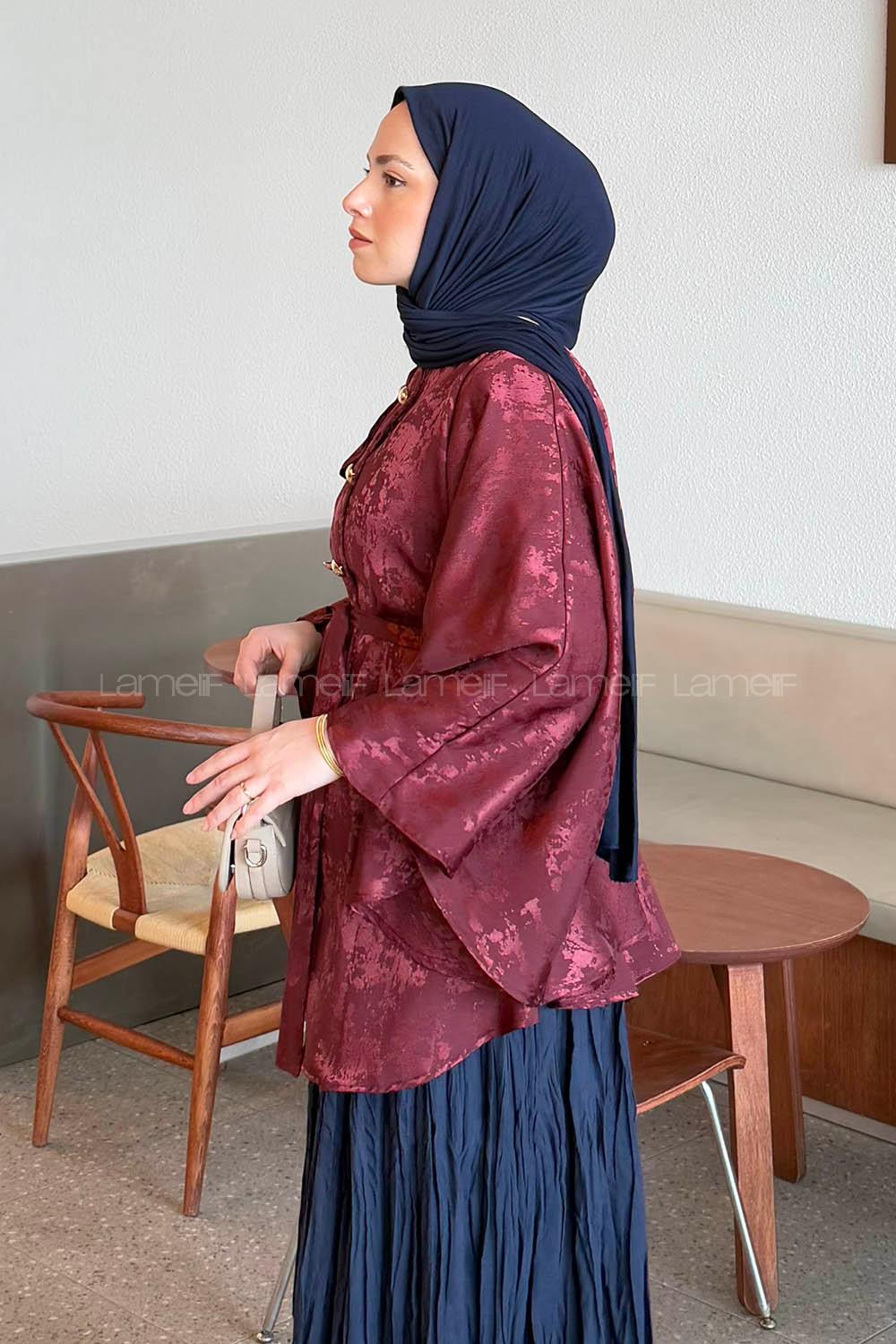 Lamelif Soyut Desen Düğmeli Ceket Bordo