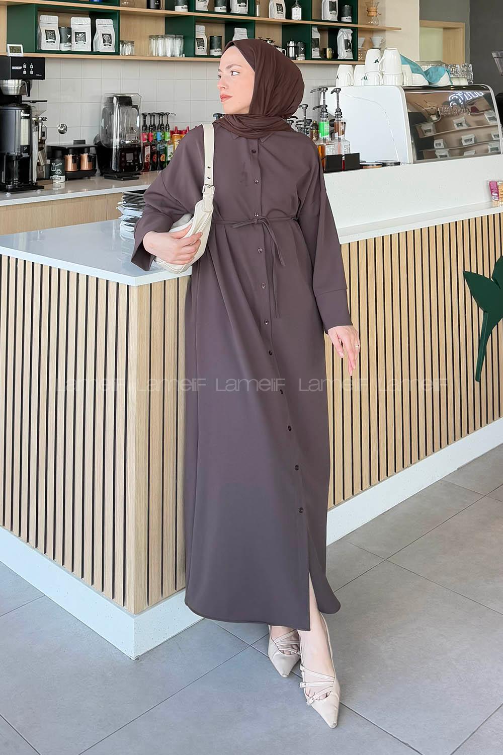 Lamelif Takma Manşet Detaylı Dabıl Tesettür Elbise Kahverengi