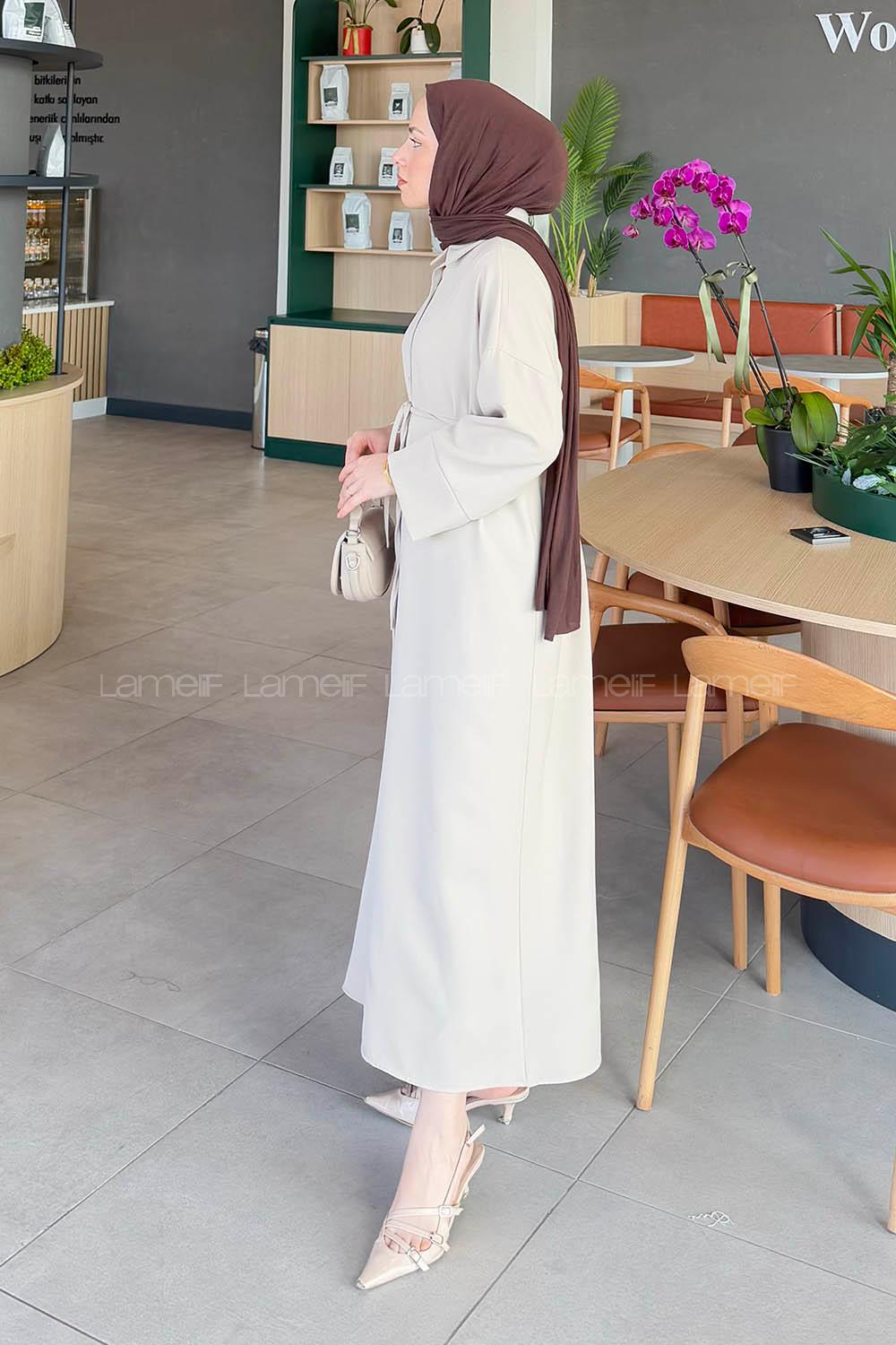 Lamelif Takma Manşet Detaylı Dabıl Tesettür Elbise Taş Rengi