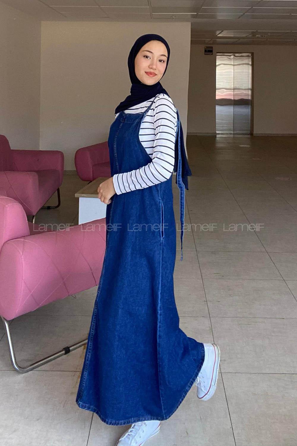Lamelif Askılı Denim Salopet Elbise Koyu Mavi