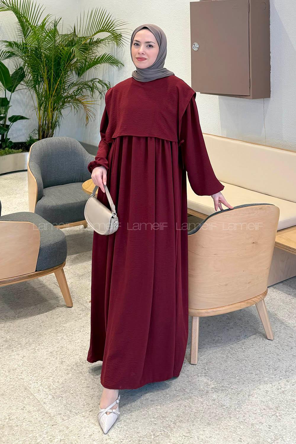 Lamelif Balon Kol Bağcıklı Tesettür Elbise Bordo