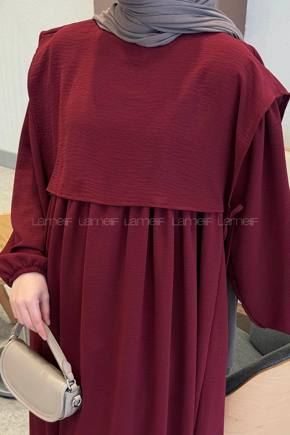 Lamelif Balon Kol Bağcıklı Tesettür Elbise Bordo