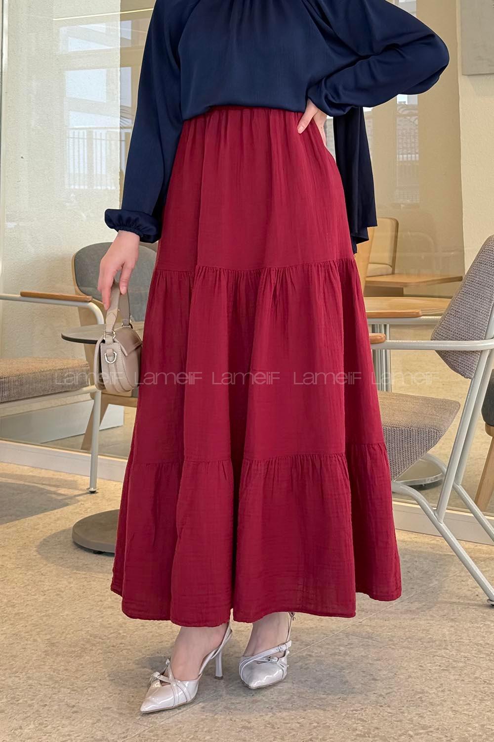 Lamelif Bel Lastikli Fırfırlı Müslin Kumaş Tesettür Etek Bordo