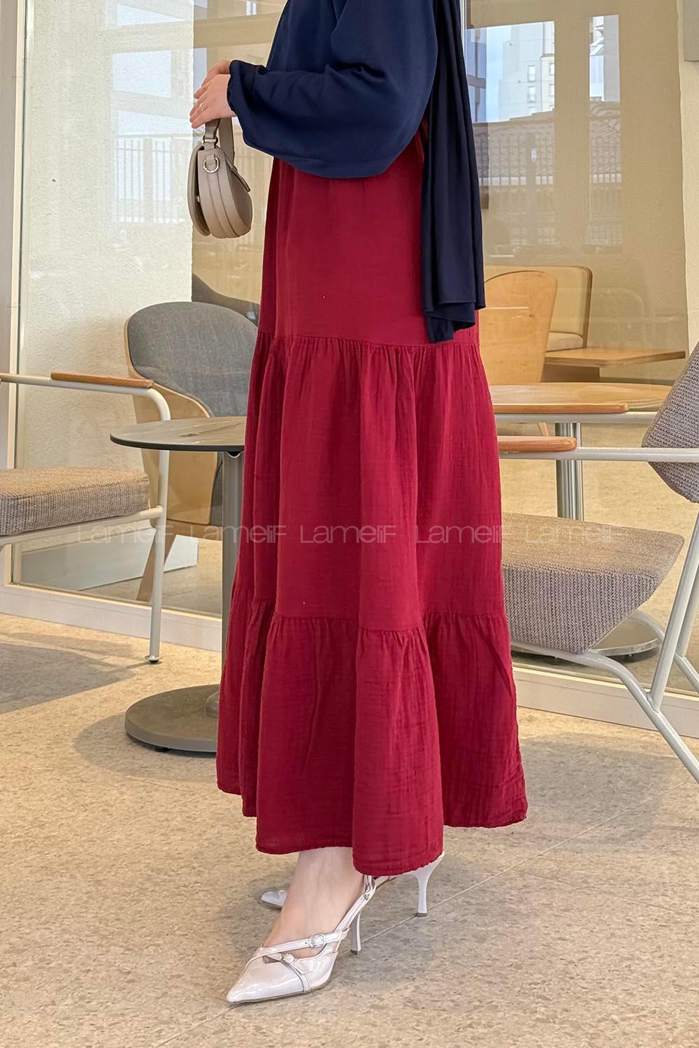 Lamelif Bel Lastikli Fırfırlı Müslin Kumaş Tesettür Etek Bordo