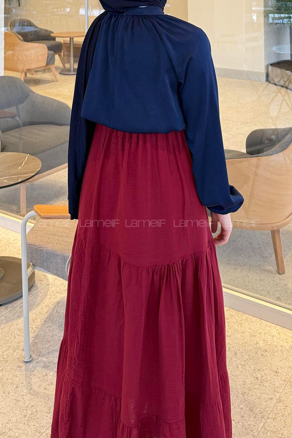 Lamelif Bel Lastikli Fırfırlı Müslin Kumaş Tesettür Etek Bordo