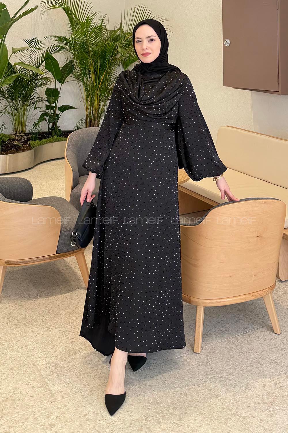 Lamelif Degaje Detaylı Saten Elbise Siyah