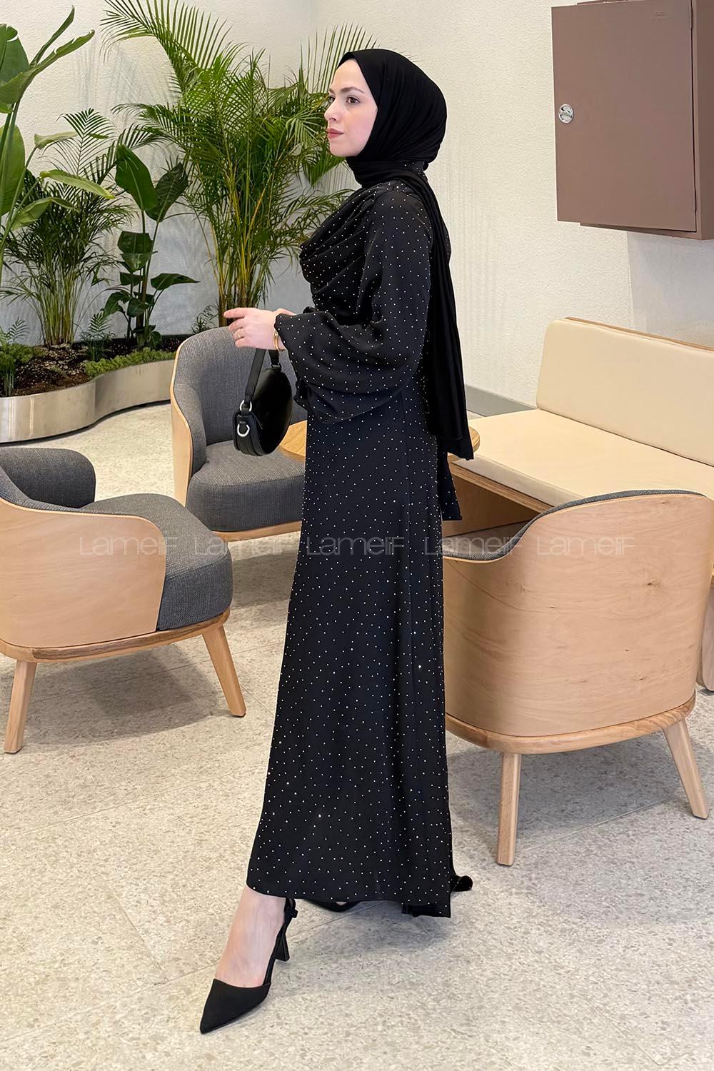 Lamelif Degaje Detaylı Saten Elbise Siyah