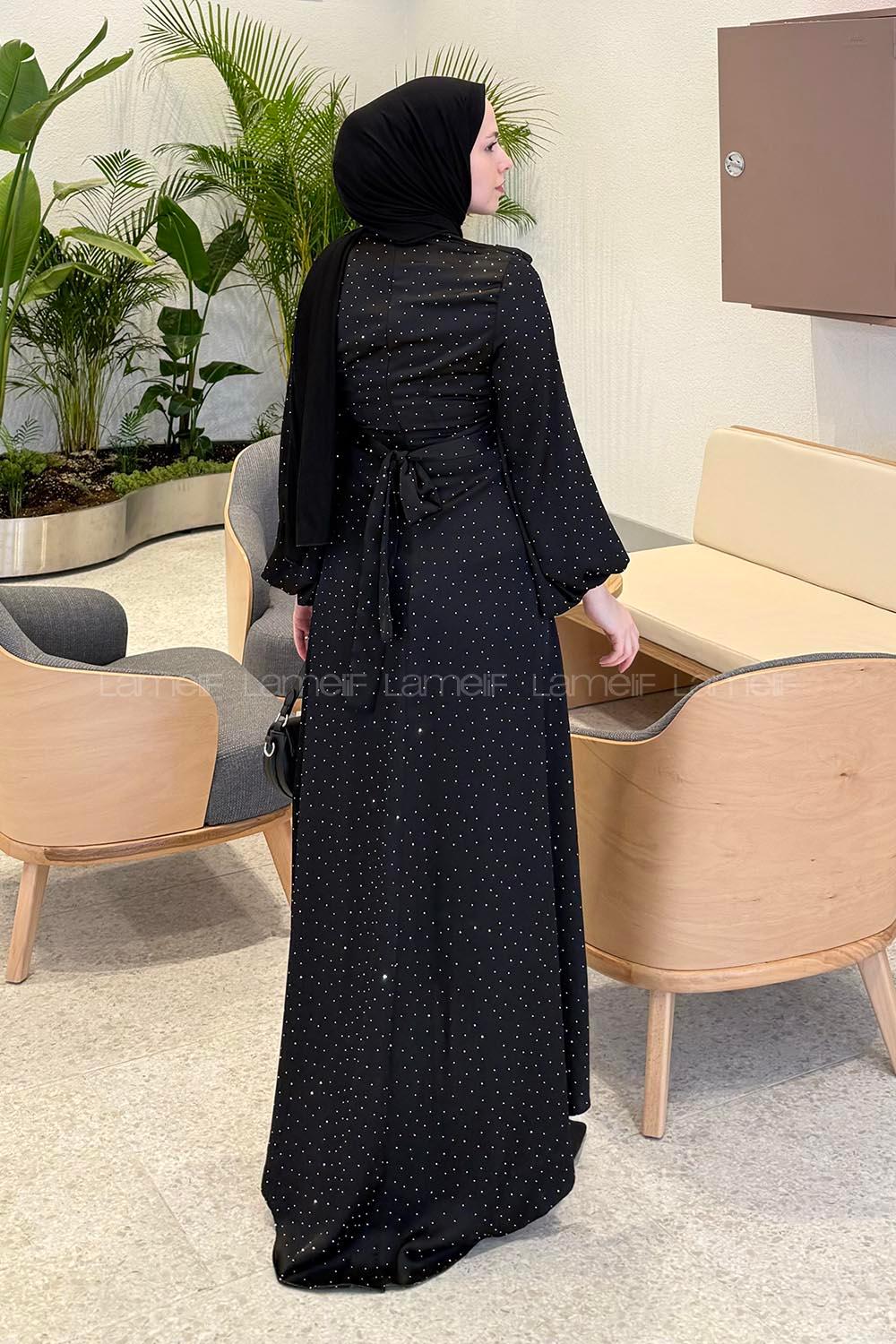 Lamelif Degaje Detaylı Saten Elbise Siyah