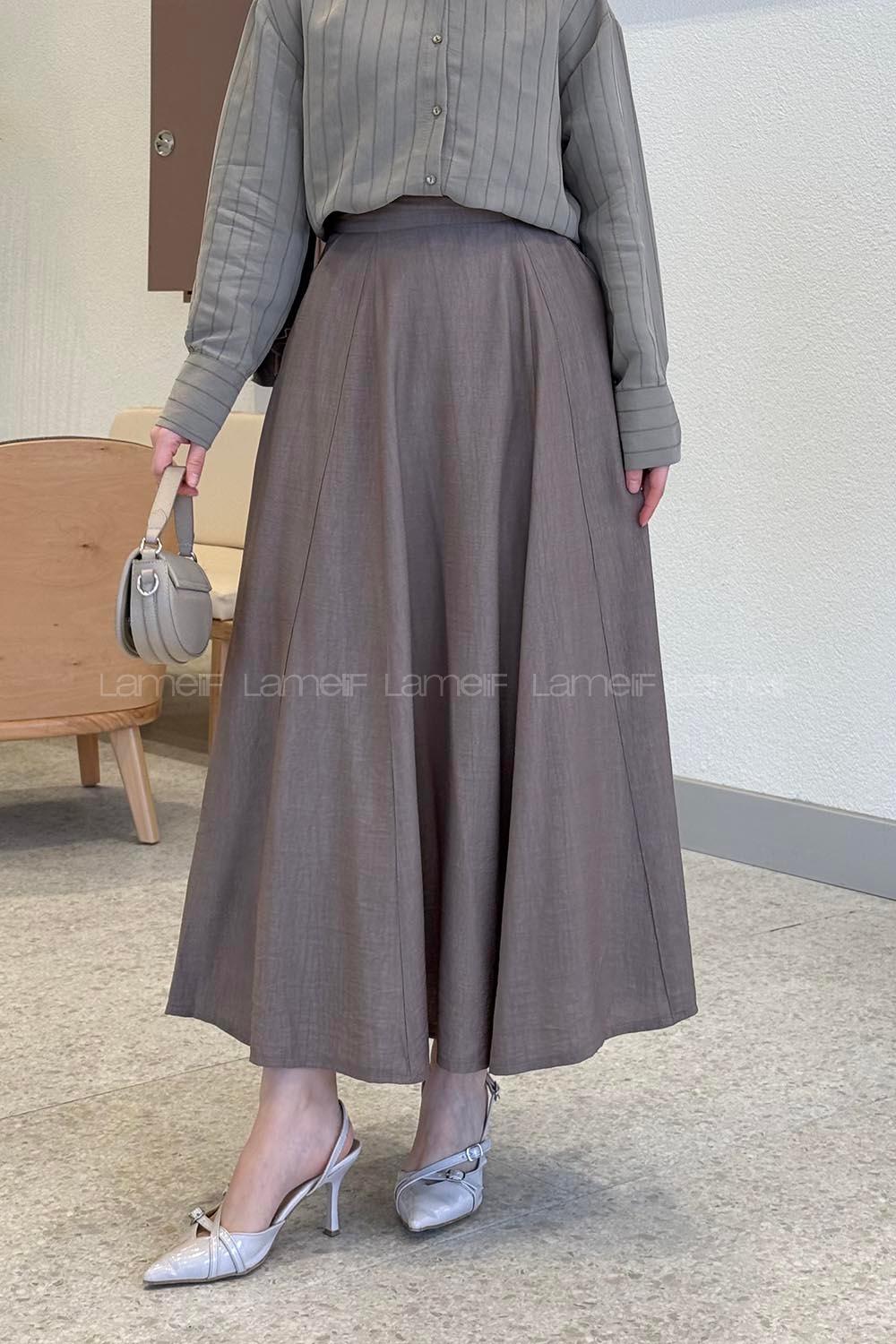 Lamelif Yan Cepli Kloş Model Parçalı Tesettür Etek Toprak