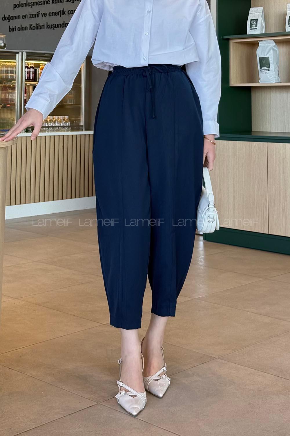 Navy Blue Polyester High Waist Carrot Pant Pants