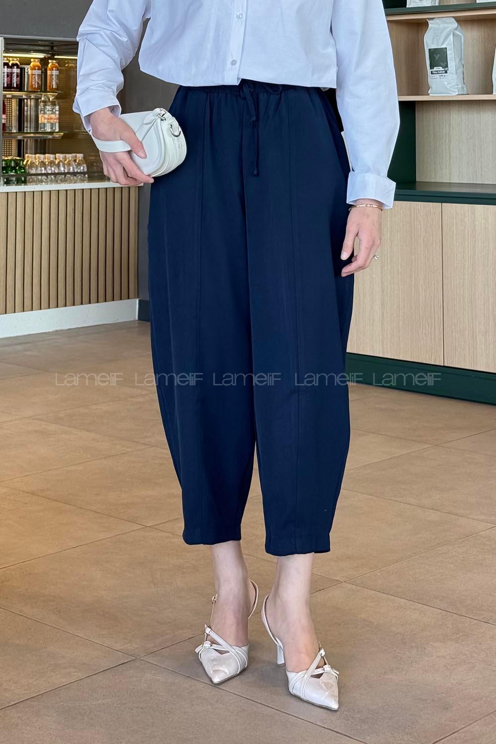 Navy Blue Polyester High Waist Carrot Pant Pants