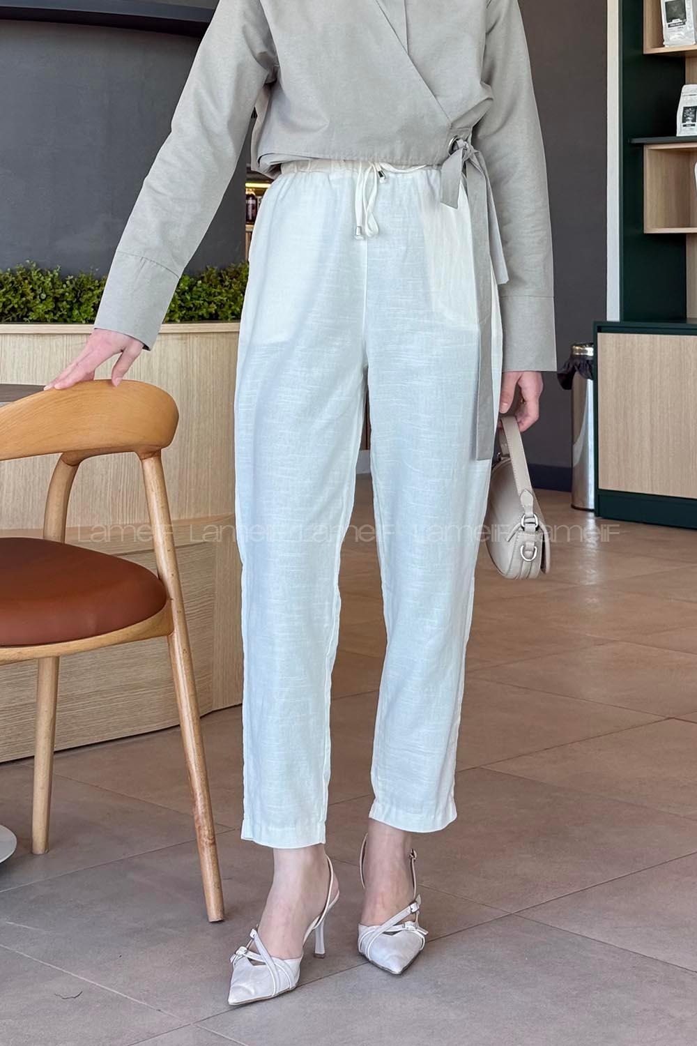 Ecru Linen Elastic Waist Comfortable Pants