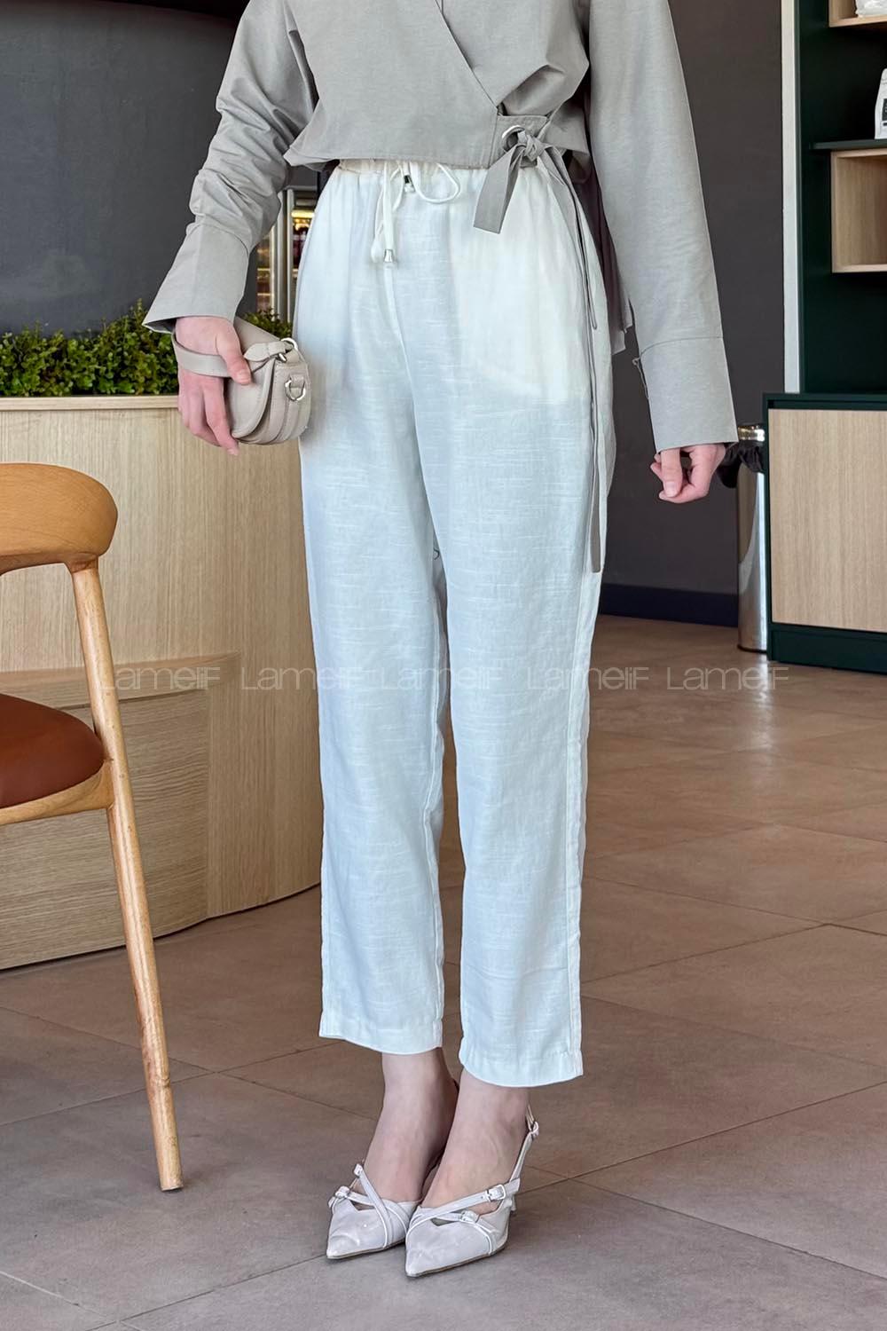 Ecru Linen Elastic Waist Comfortable Pants