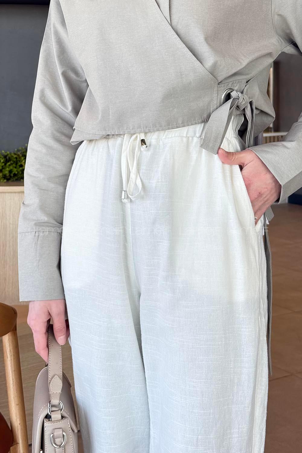 Ecru Linen Elastic Waist Comfortable Pants