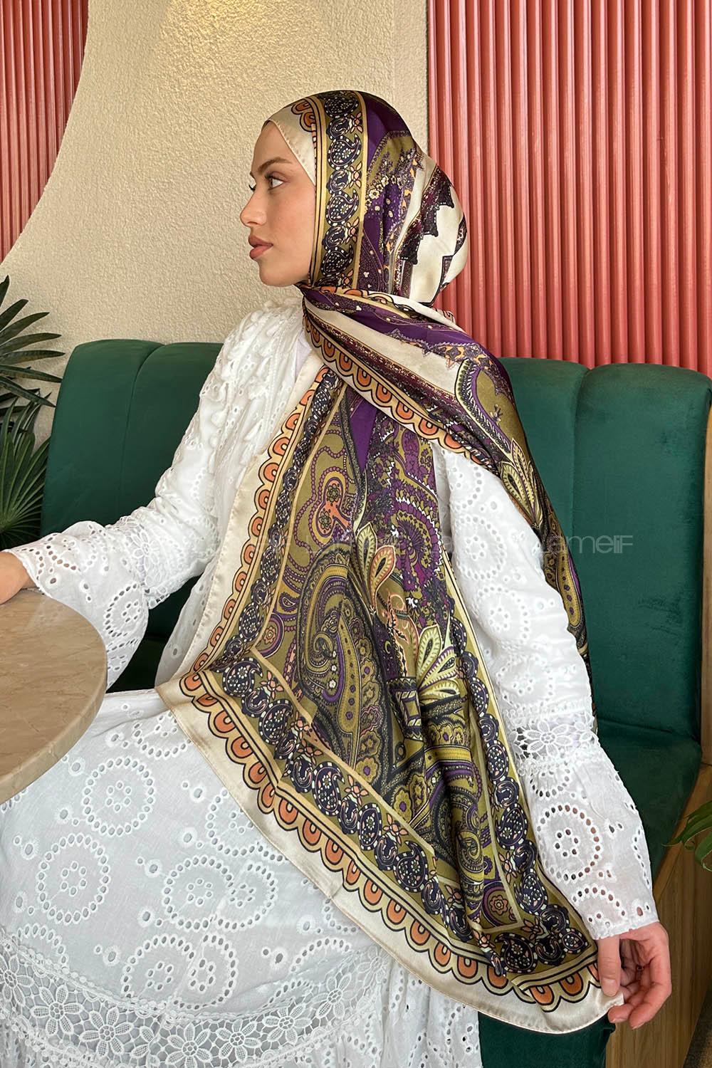 Lamelif  İthal İpeksi Vual Retro Desen Şal Bej Yeşil