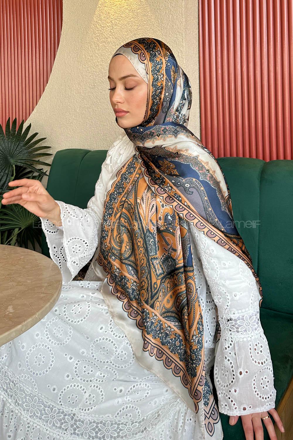 Lamelif  İthal İpeksi Vual Retro Desen Şal Ekru Tarçın