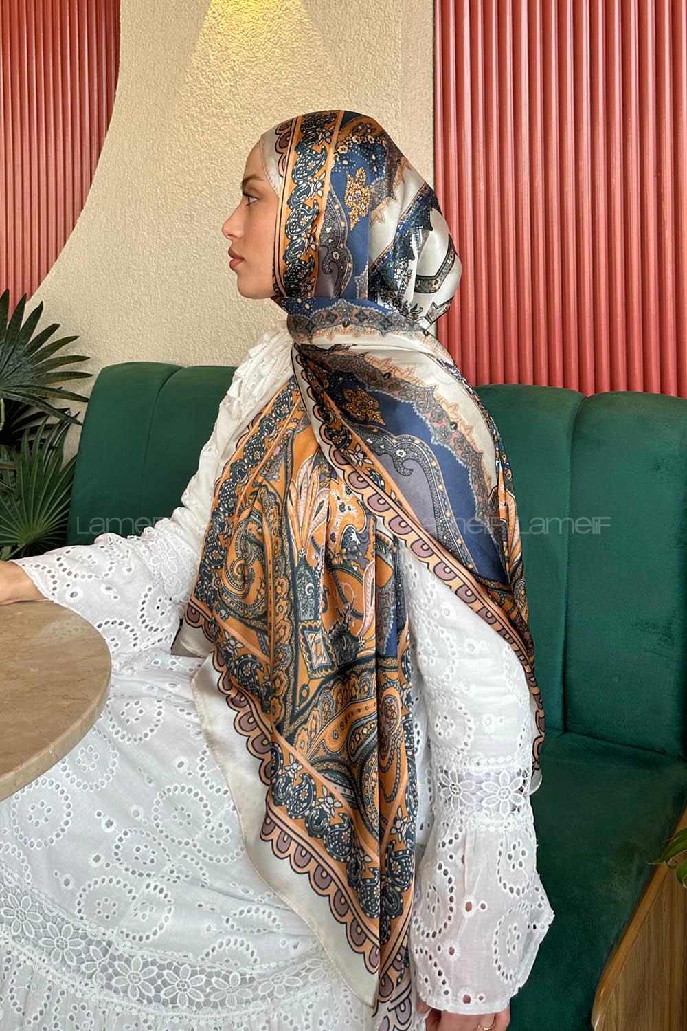 Lamelif  İthal İpeksi Vual Retro Desen Şal Ekru Tarçın