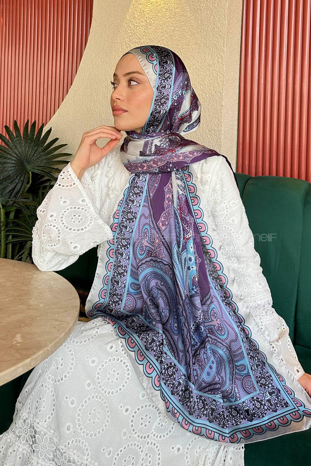 Lamelif  İthal İpeksi Vual Retro Desen Şal Mavi Lila