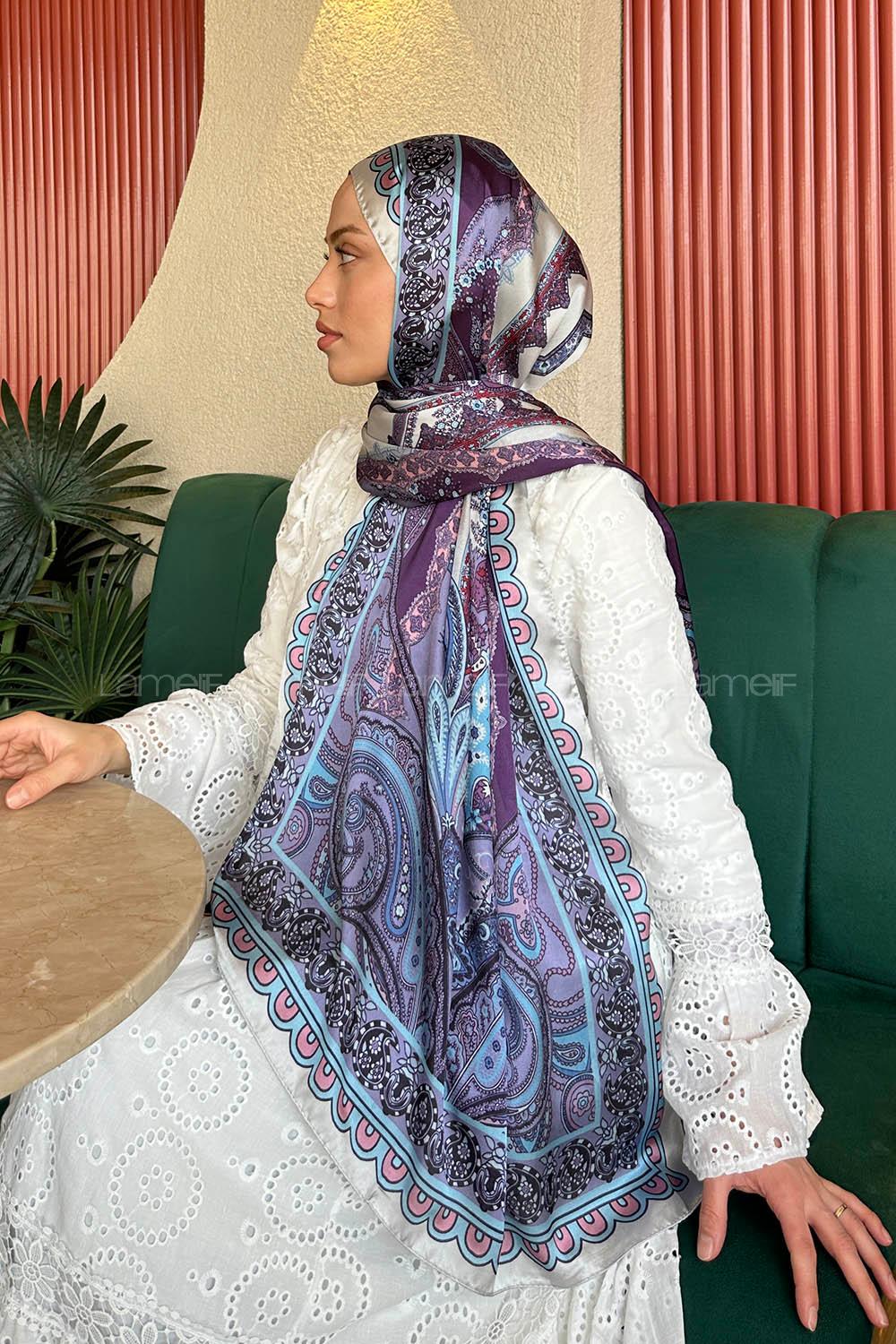 Lamelif  İthal İpeksi Vual Retro Desen Şal Mavi Lila