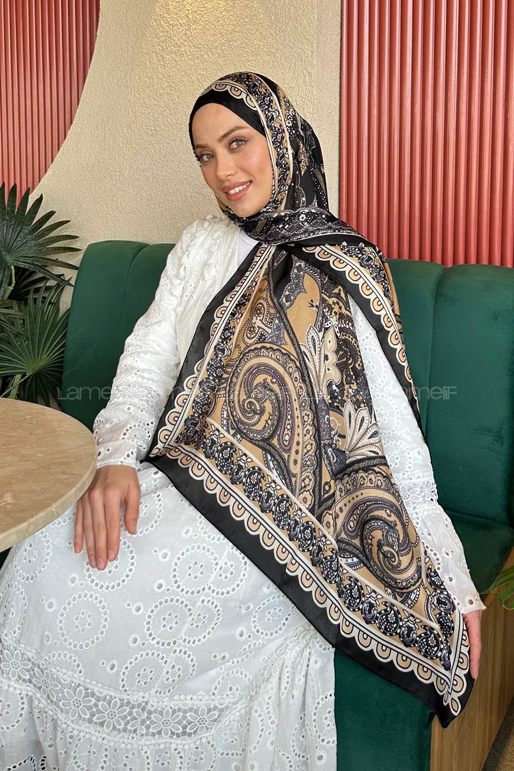 Lamelif  İthal İpeksi Vual Retro Desen Şal Siyah Camel