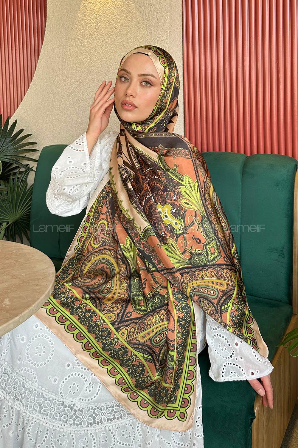Lamelif  İthal İpeksi Vual Retro Desen Şal Yavru Ağzı Fıstık Yeşili