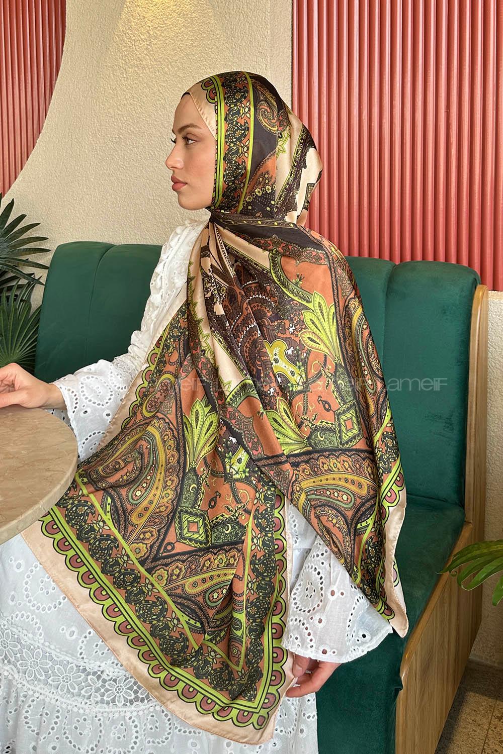 Lamelif  İthal İpeksi Vual Retro Desen Şal Yavru Ağzı Fıstık Yeşili