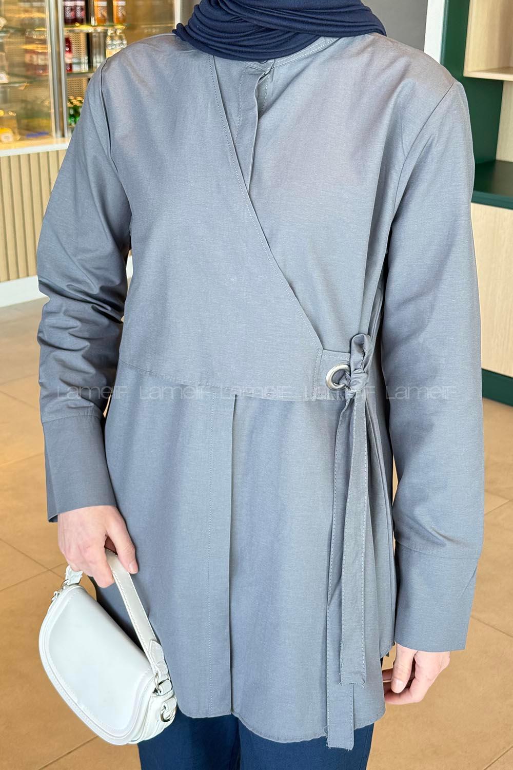 Anthracite Mandarin Collar Cotton Unprinted Tunic