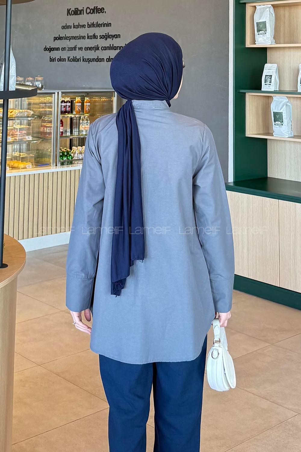 Anthracite Mandarin Collar Cotton Unprinted Tunic