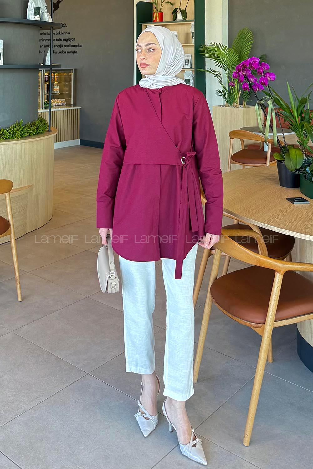 Lamelif Kuşaklı Tesettür Tunik Bordo