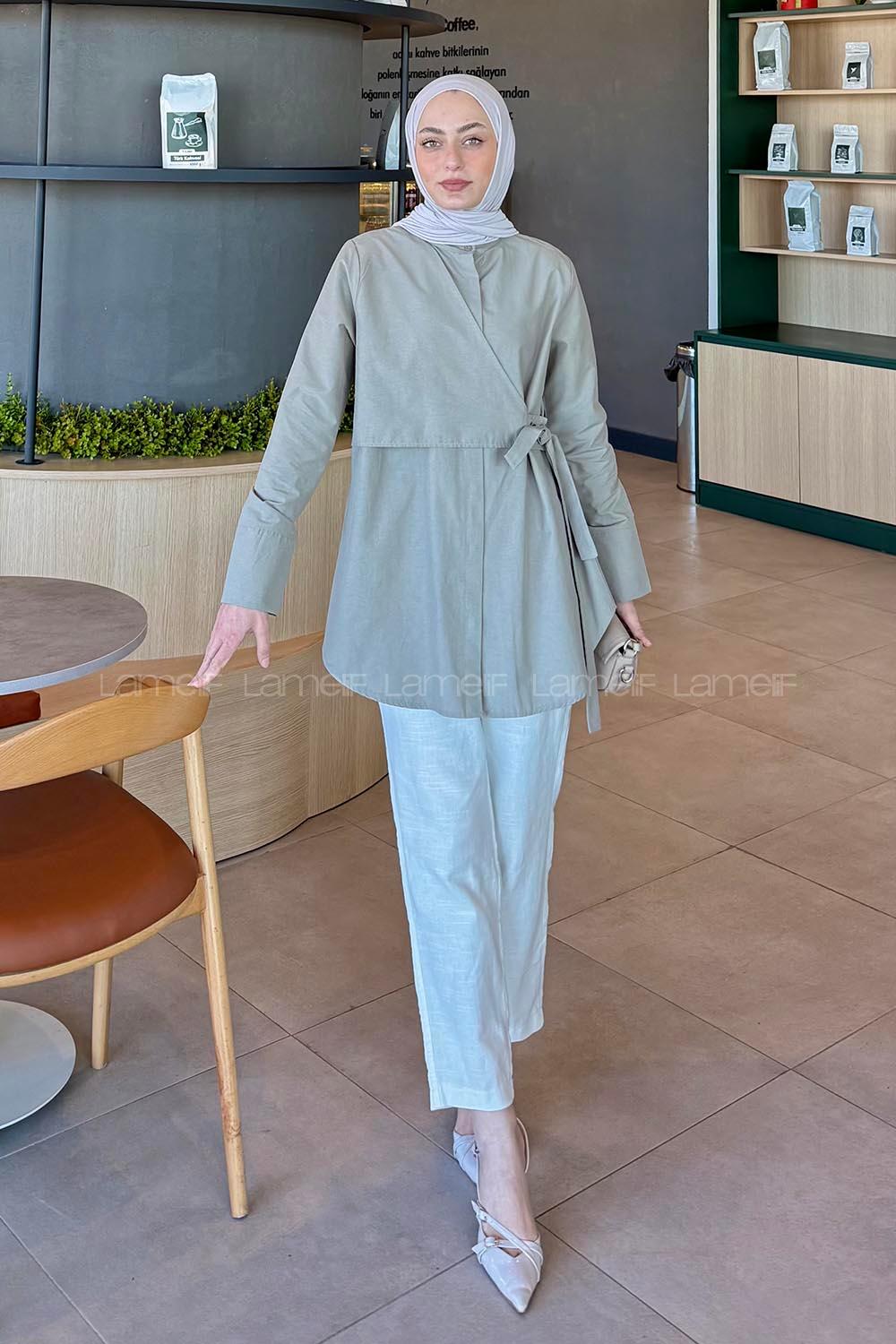 Lamelif Kuşaklı Tesettür Tunik Haki